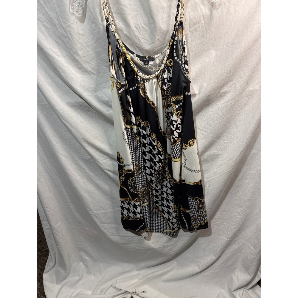 MSK Womens Scarf Print Chain Strap Shift Dress Black Gold White XL
